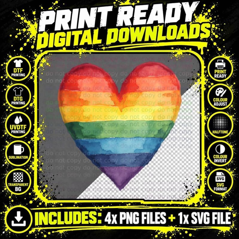 Heart Shape Rainbow Watercolor Stripes Vibrant Dreamy Png SVG Digital Bundle