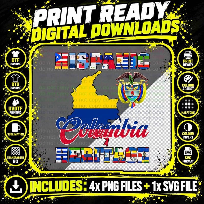 Hispanic Heritage Month Colombia Colombian Flag Pride Png SVG Digital Bundle