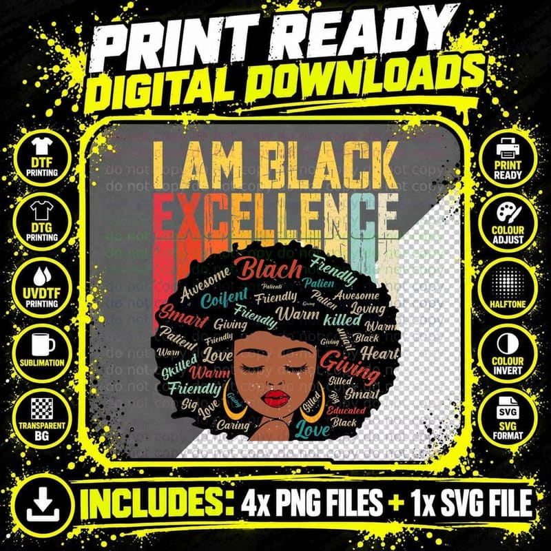I Am Black Excellence Black Woman African American Pride Png SVG Digital Bundle
