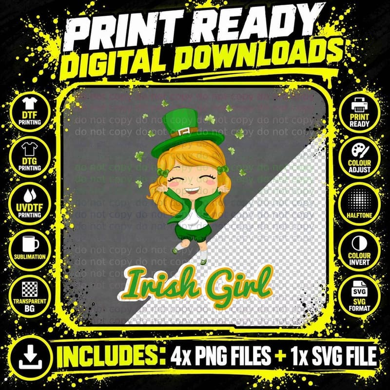 Irish Girl St Patricks Day T-Shirt, Cute Cartoon Design Png SVG Digital Bundle