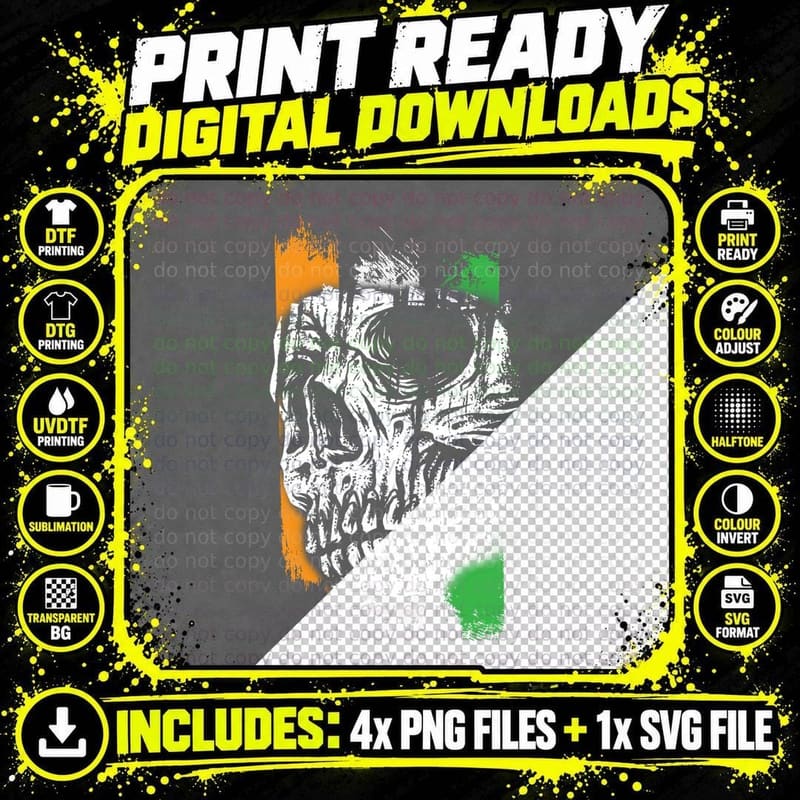 Irish Reaper Skull T-Shirt, Gothic Skull Design Png SVG Digital Bundle