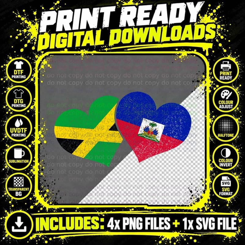 Jamaica & Haiti Hearts Pride Heritage Haitian Flag Png SVG Digital Bundle