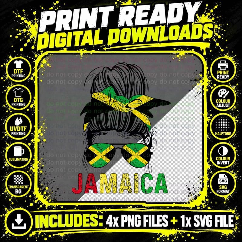 Jamaican Girl Messy Hair Flag Jamaica Pride Patriotic Png SVG Digital Bundle