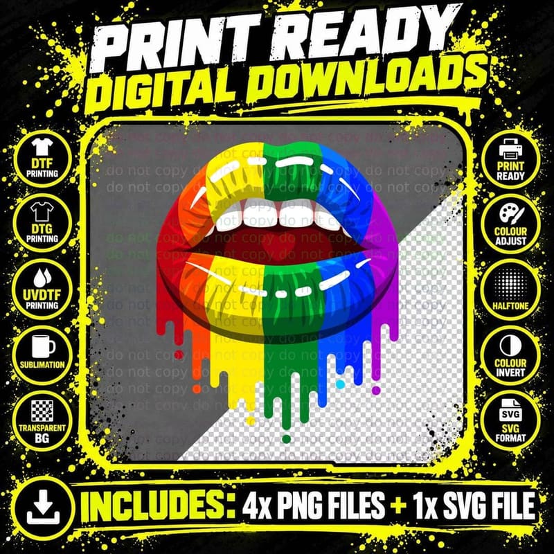 LGBT Pride Rainbow Lips T-Shirt, LGBTQ+ Pride Apparel Png SVG Digital Bundle