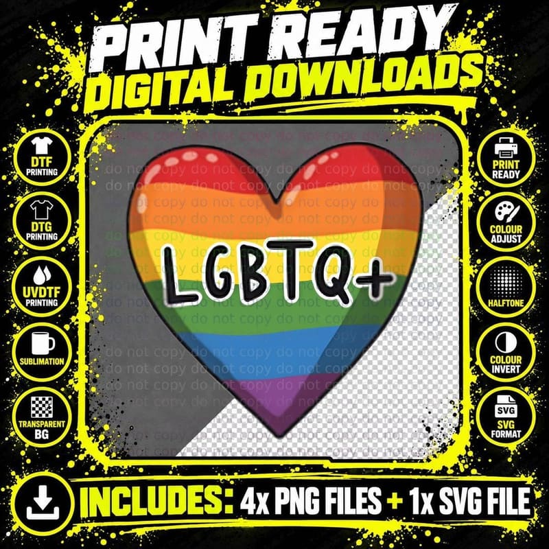 LGBTQ+ Pride Rainbow Heart Gay Pride Love Gift T-Shirt Png SVG Digital Bundle