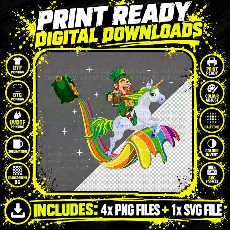 Leprechaun Riding Unicorn T-Shirt, St Patrick's Day Png SVG Digital Bundle