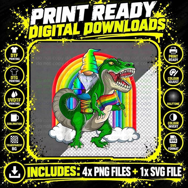 Lgbt T Rex Gnome Rainbow Flag, Lgbt Gnome Gay Pride Flag Png SVG Digital Bundle
