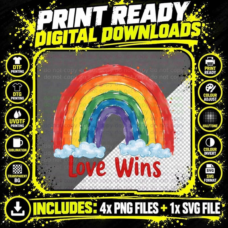 Love Wins Vibrant Dynamic Rainbow Arc Playful Font Pride Png SVG Digital Bundle