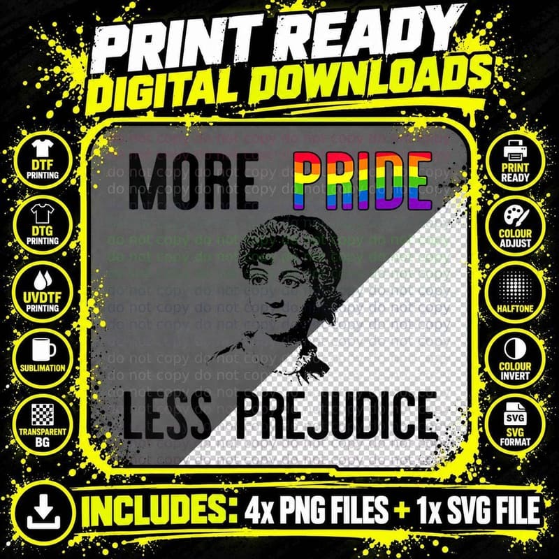 MORE PRIDE LESS Prejudice Jane Austen LGBT Fun Gay Lit Png SVG Digital Bundle