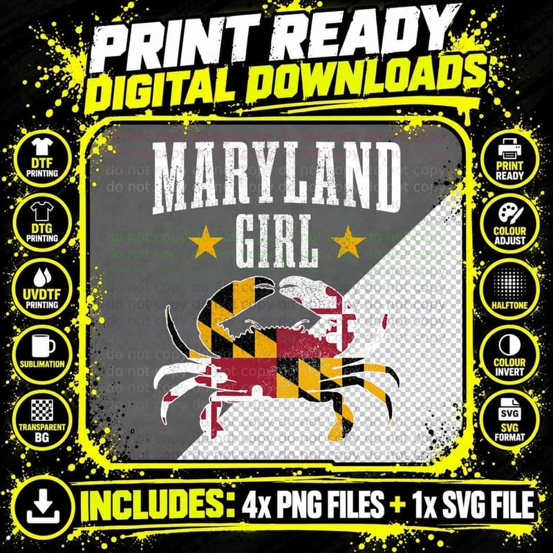 Maryland Girl Blue Crab Vintage Maryland Flag Pride Png SVG Digital Bundle