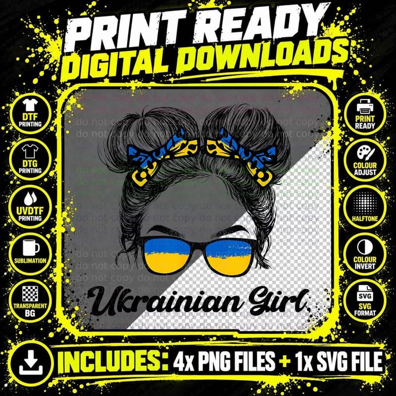 Messy Hair Sunglasses Ukrainian Girl Ukraine Pride Png SVG Digital Bundle