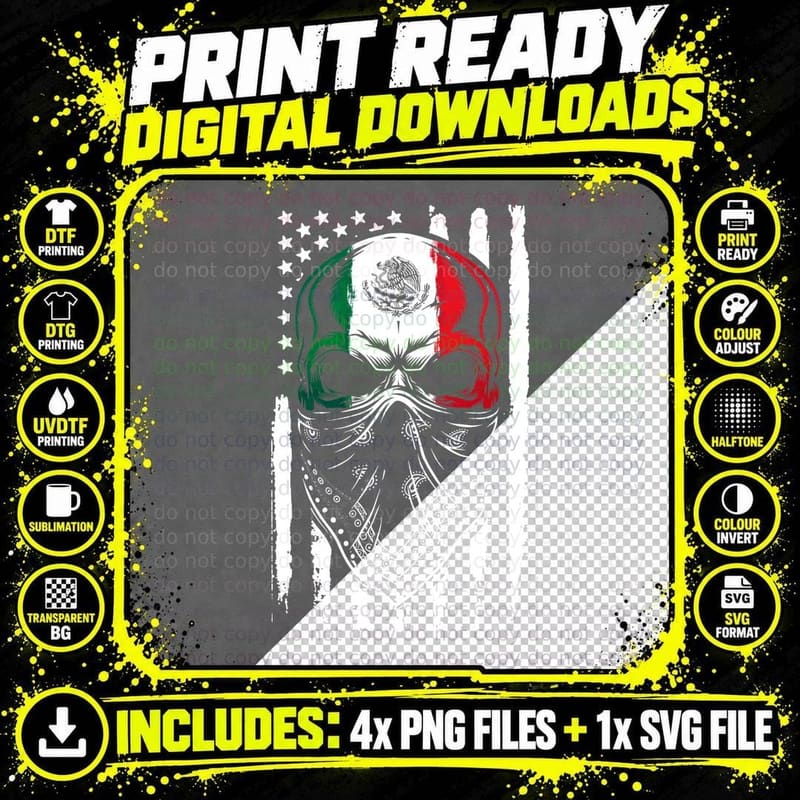 Mexican American Skull T-Shirt, Mexican Pride Design Png SVG Digital Bundle