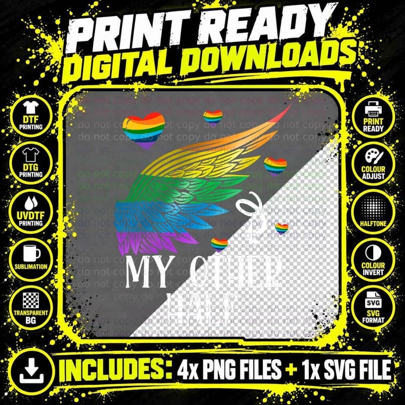 My Other Half LGBT Matching Couple Rainbow Wings Gay Png SVG Digital Bundle