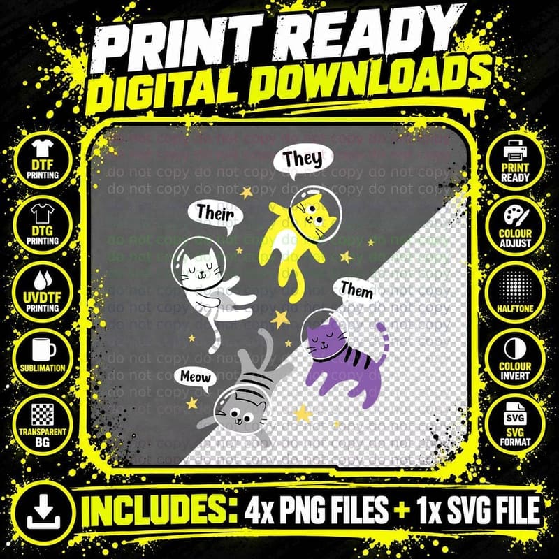 Nonbinary Space Kittens Cats They Them Enby Ally LGBT Png SVG Digital Bundle