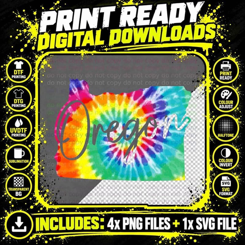 Oregon Tie Dye State Map Pride Hippie PNW Vintage Retro Png SVG Digital Bundle
