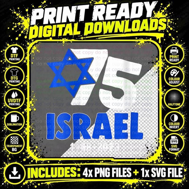 Patriotic Israel Pride 75th Anniversary Israeli Flag Png SVG Digital Bundle