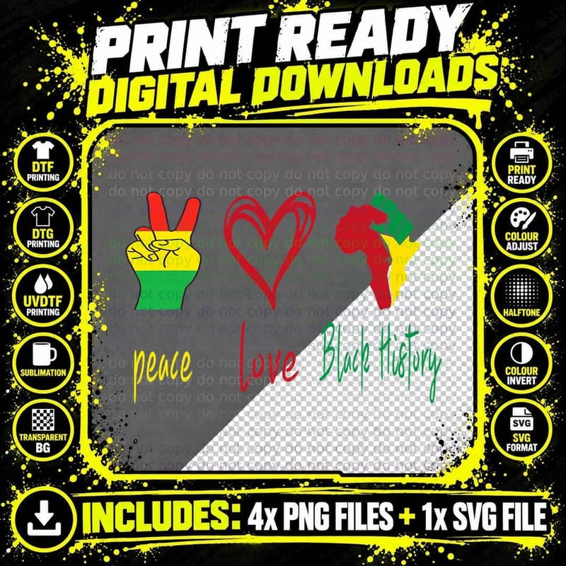Peace, Love, Black History Month Black Pride Freedom Png SVG Digital Bundle