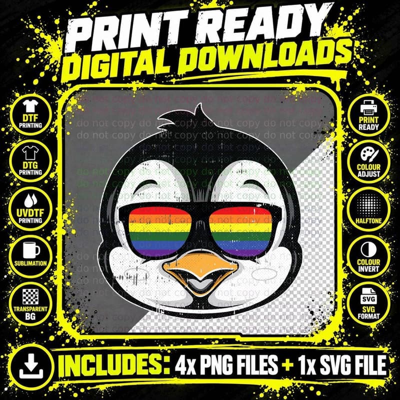 Penguin Sunglasses Gay Pride Animal Proud LGBT-Q Ally Png SVG Digital Bundle