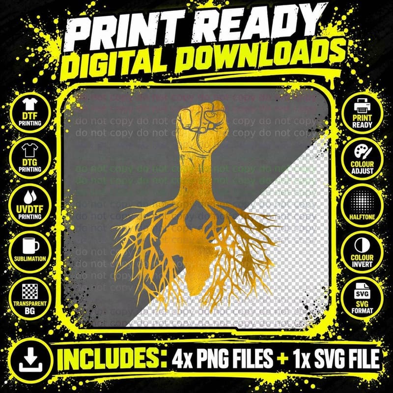 Power Fist Africa Roots Black History Pride Gold Png SVG Digital Bundle