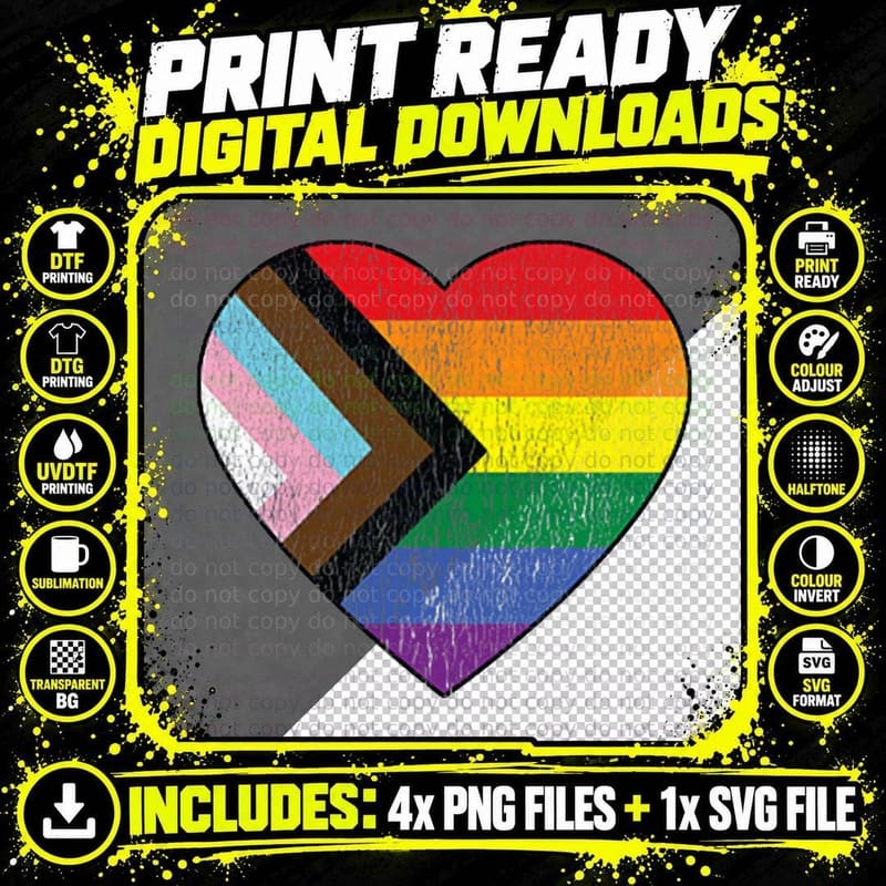 Progress Pride Flag Vintage Rainbow Heart Love LGBT Png SVG Digital Bundle