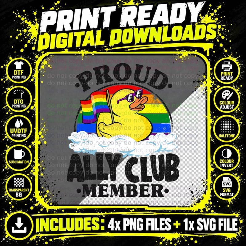 Proud Ally Club Member Rubber Duck Rainbow Gay Lesbian Png SVG Digital Bundle