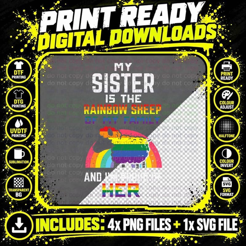 Proud of My Sister Rainbow Sheep Gay Pride Ally LGBTQ Png SVG Digital Bundle