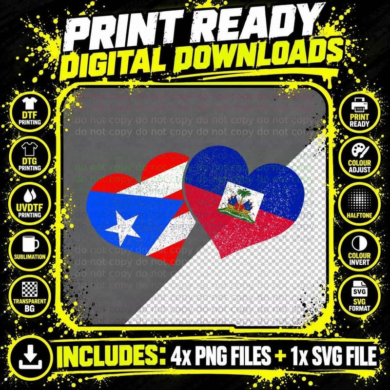 Puerto Rico & Haiti Heart Pride Heritage Puerto Rican Png SVG Digital Bundle
