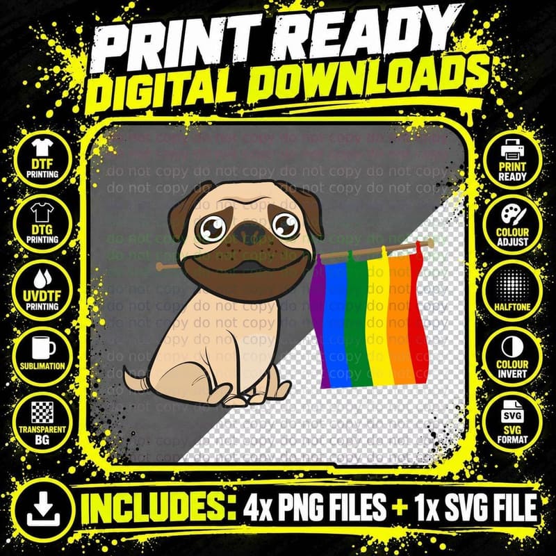 Pug LGBT Pride T-Shirt, Rainbow Flag Design Png SVG Digital Bundle