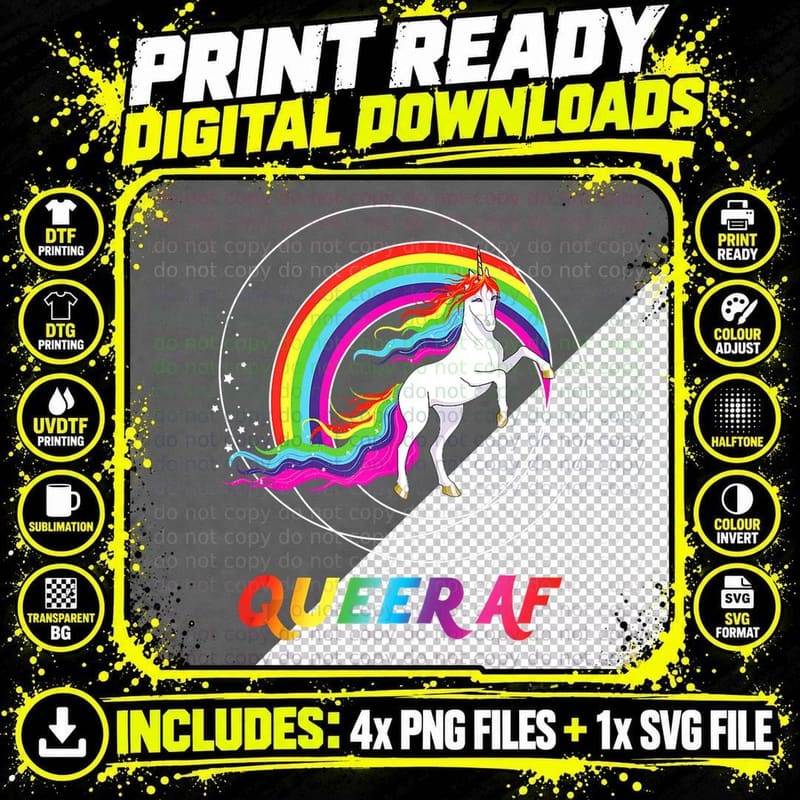 Queer AF Gay Pride LGBTQ Lesbian Pride Rainbow Uni Png SVG Digital Bundle