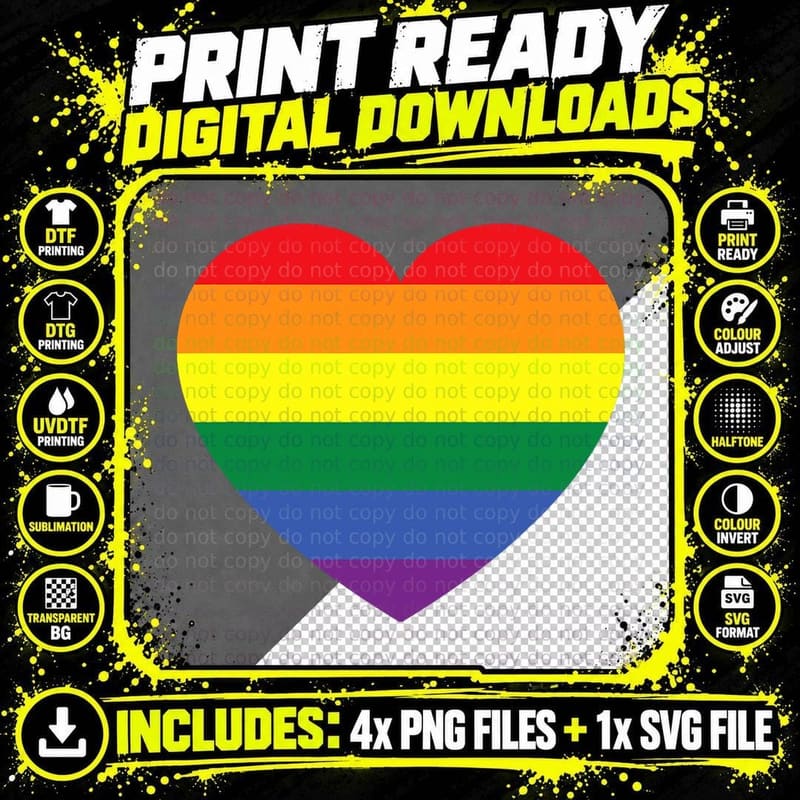Rainbow Flag Colored Heart - LGBTQ+, Lesbian Png SVG Digital Bundle