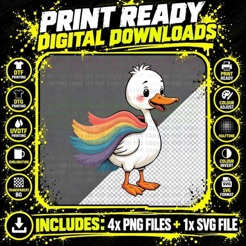 Rainbow Goose Cartoon Pride Simple Cute Animal Png SVG Digital Bundle