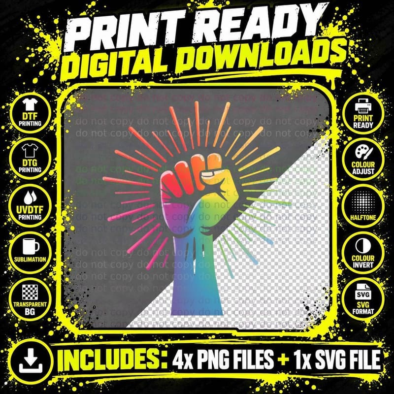 Rainbow Raised Fist Gradient Pride Energetic Dynamic Png SVG Digital Bundle