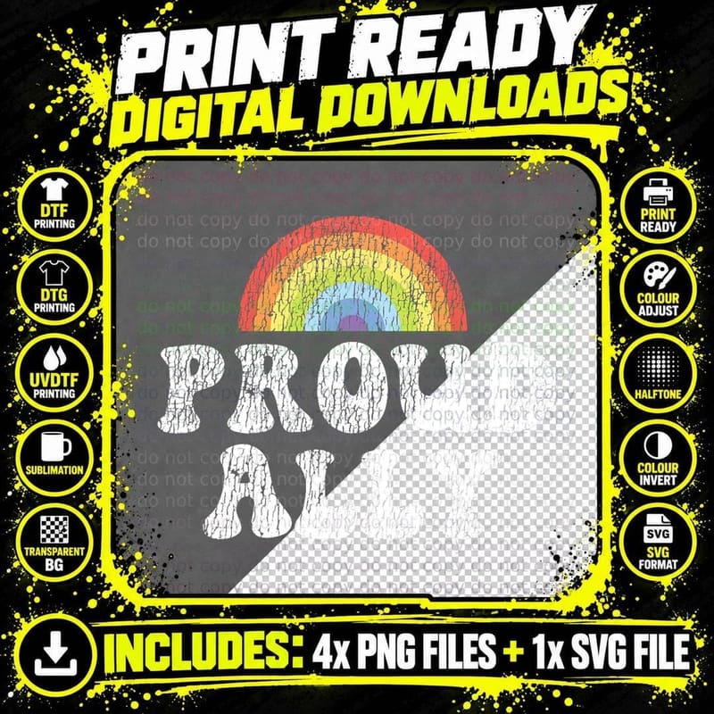 Retro Vintage LGBT Pride Rainbow Proud Ally T-Shirt Png SVG Digital Bundle