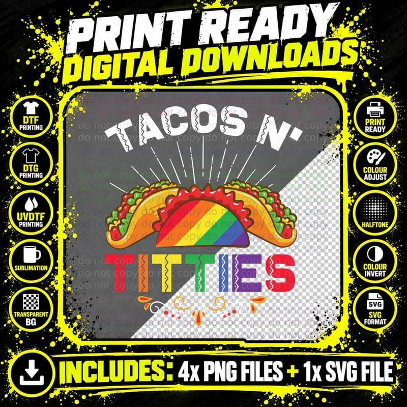Tacos N' Titties Funny LGBTQ Lesbians Pride Month Png SVG Digital Bundle
