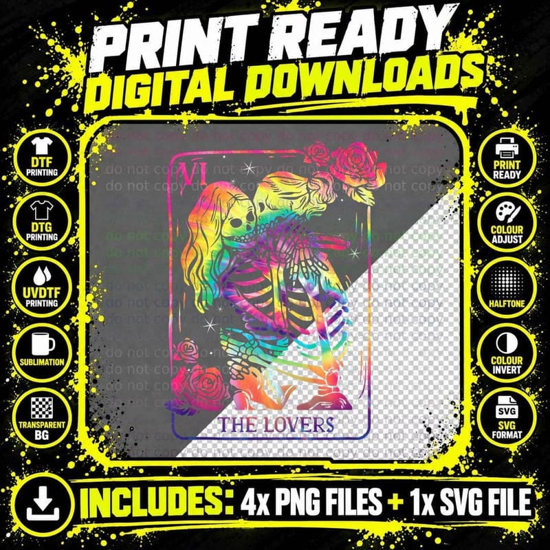 The Lovers Tarot Goth Tie Dye Kissing Lesbian Pride Png SVG Digital Bundle