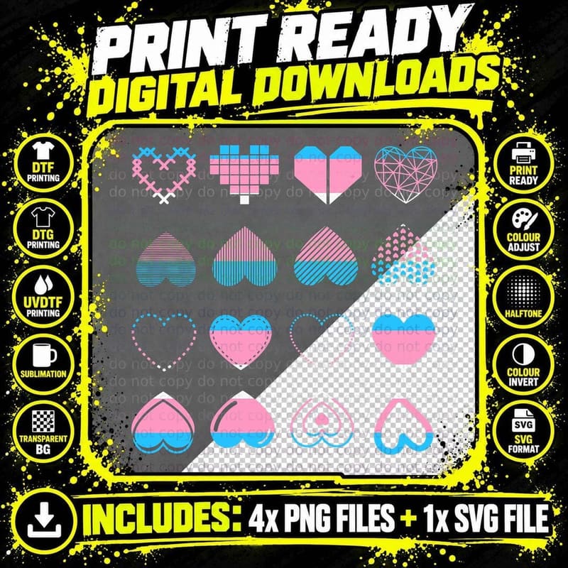 Trans Pride Month Transsexual Flag Hearts LGBT Png SVG Digital Bundle