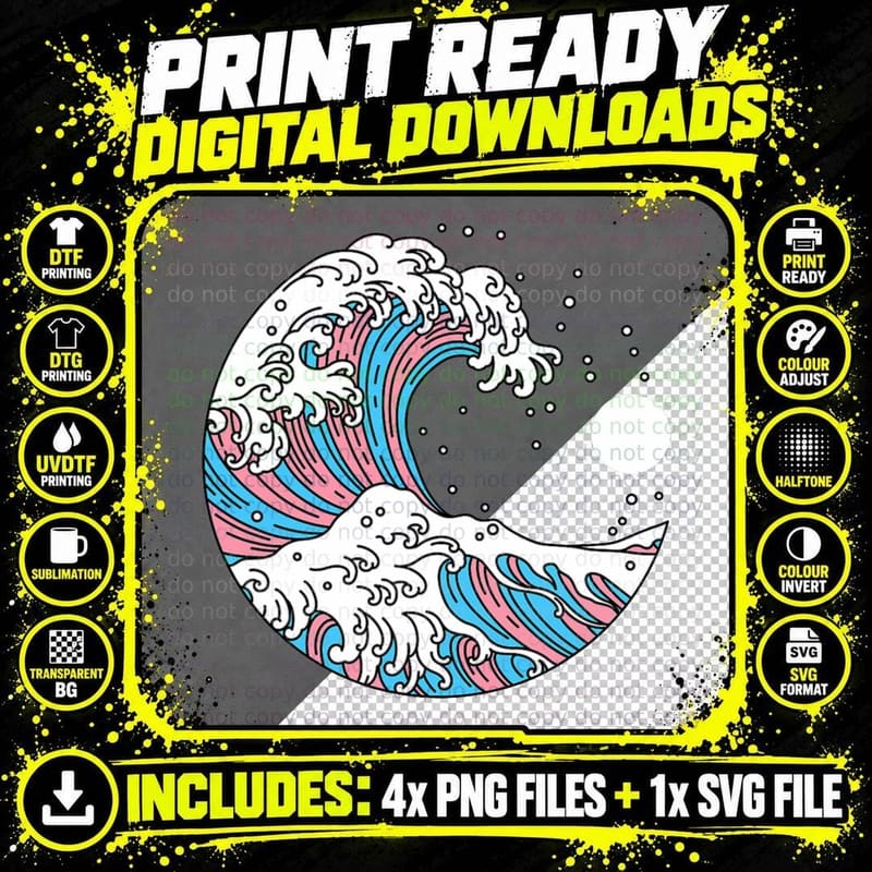 Transgender Pride LGBTQ Trans Flag - Japanese Wave Art Png SVG Digital Bundle