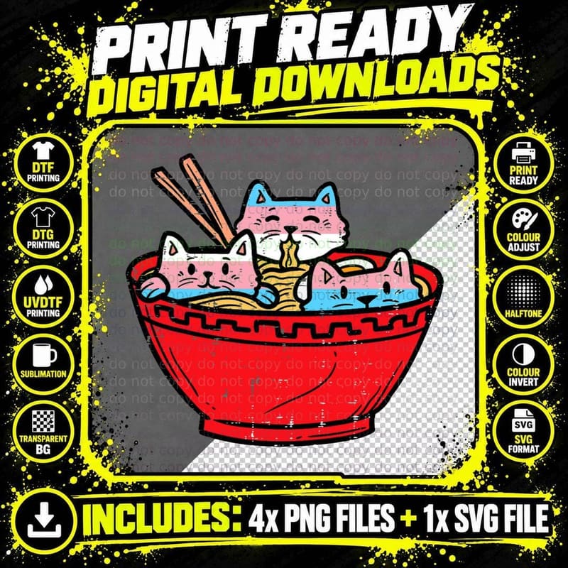 Transgender Pride Ramen Cats T-Shirt, Transgender Art Png SVG Digital Bundle