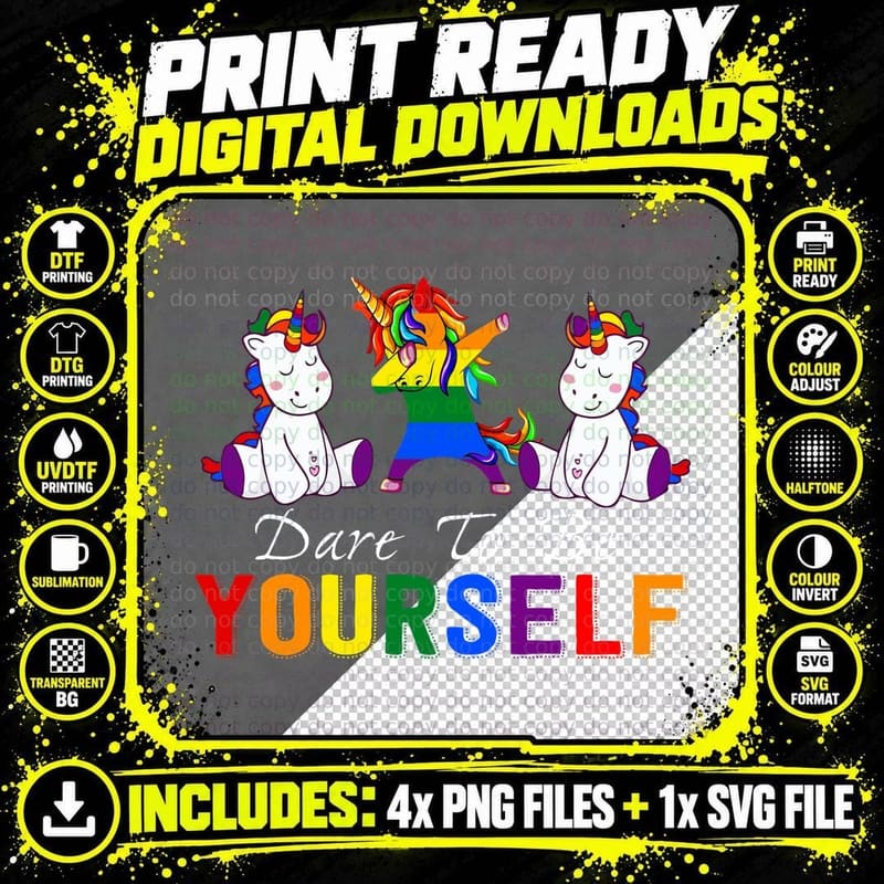 Unicorn Pride T-Shirt, LGBT Rainbow, Dare to Be Yourself Png SVG Digital Bundle