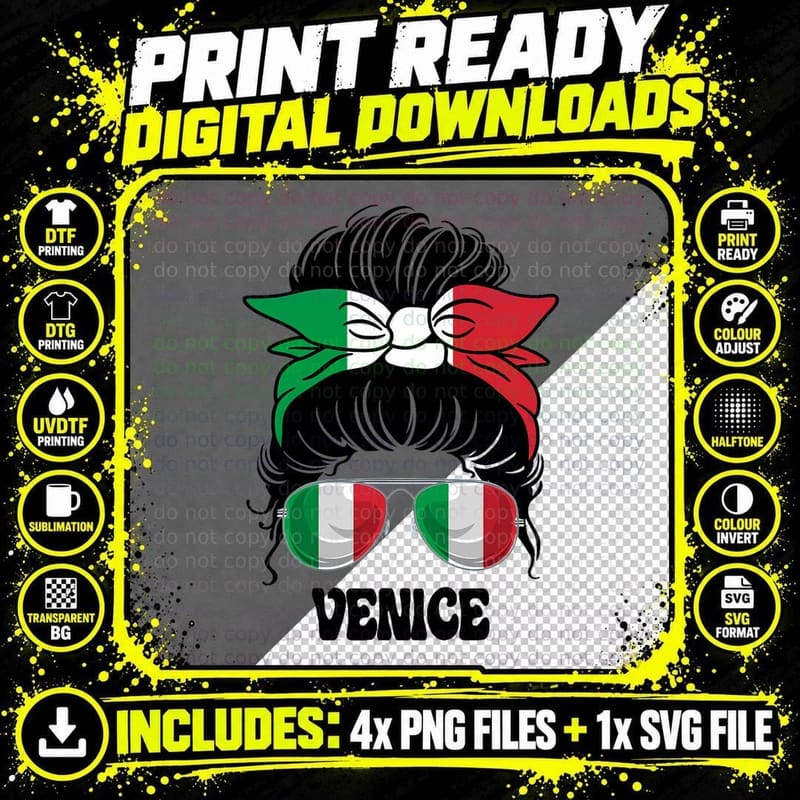 Venice Italy Italian Girl Messy Hair Italy Pride Png SVG Digital Bundle