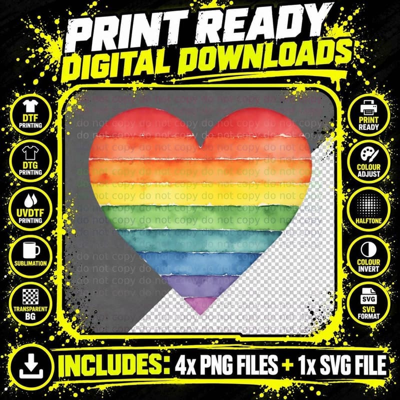 Vibrant Heart Rainbow Watercolor Hand-Painted Organic Png SVG Digital Bundle
