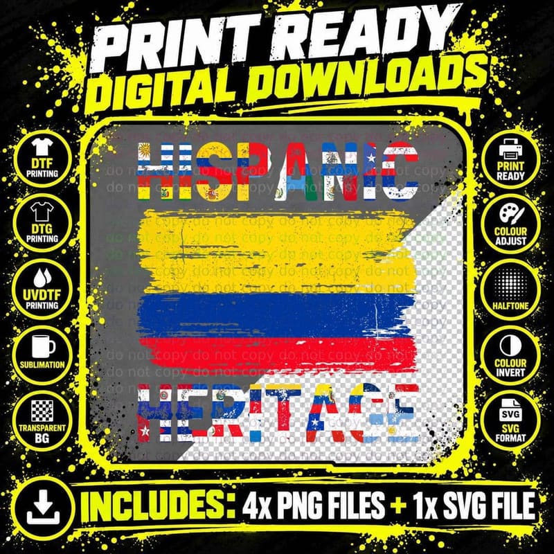 Vintage Columbia Colombian Flag Pride Hispanic Heritage Png SVG Digital Bundle