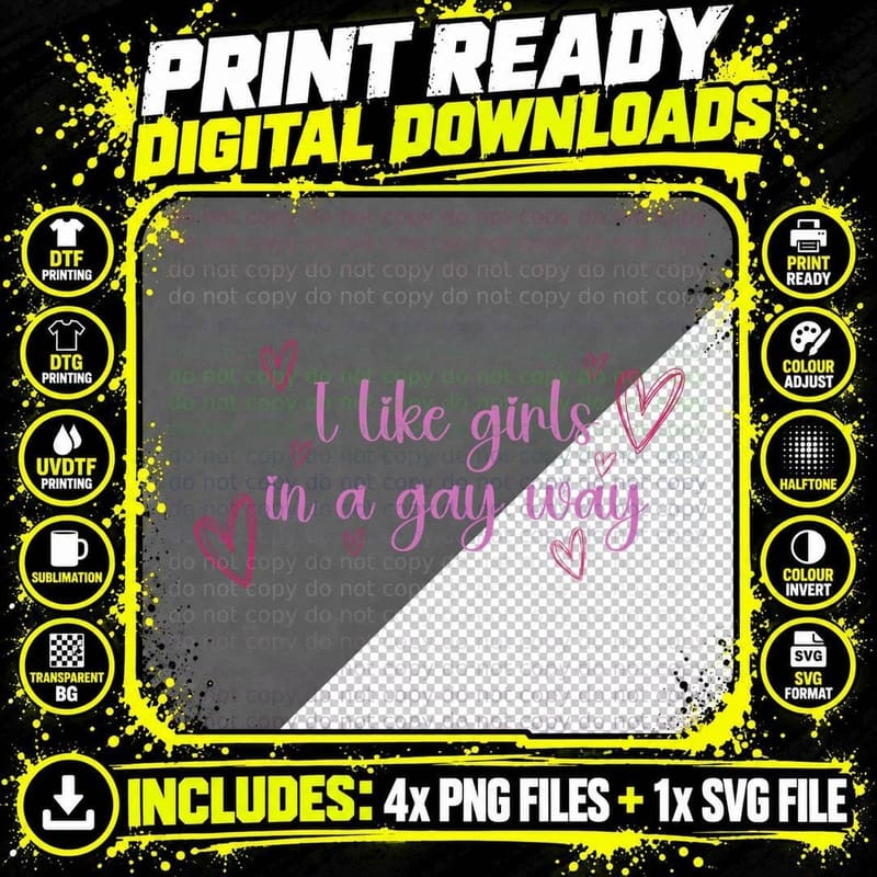 I Like Girls in a Gay Way Pink Cursive Sketchy Hearts Png SVG Digital Bundle