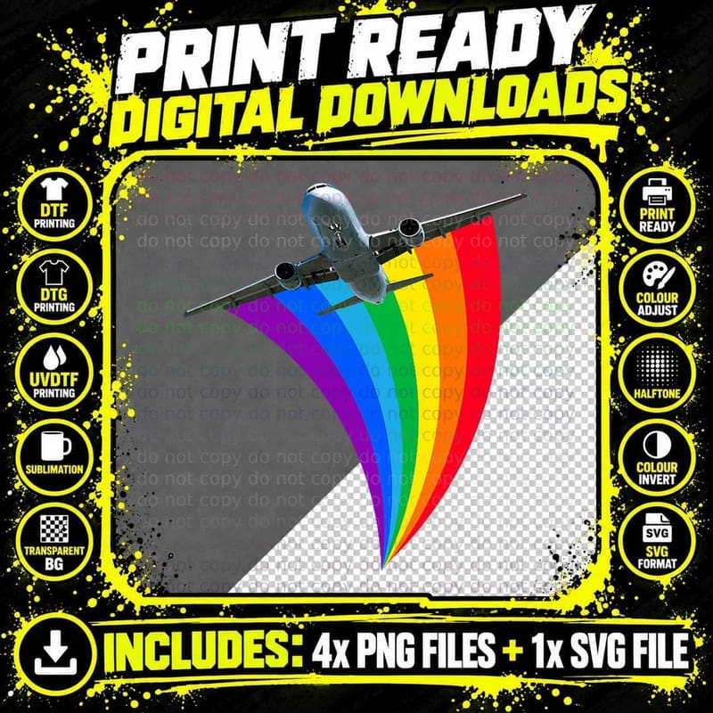 Rainbow Colored Plane LGBTQ Gay Travel T-Shirt Png SVG Digital Bundle