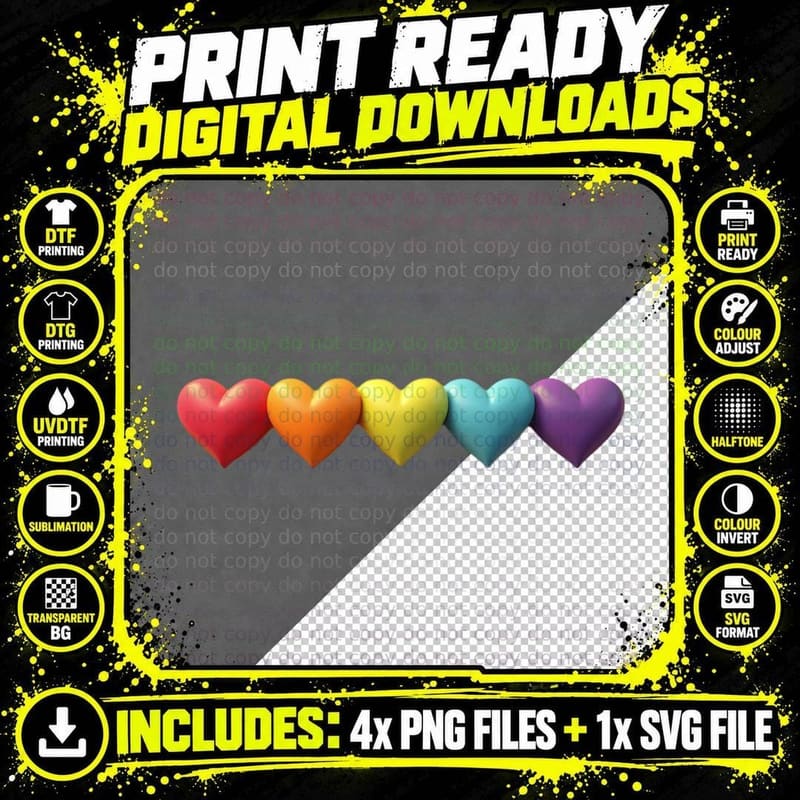 Rainbow Hearts in Colour LGBTQ+ Love Minimalist Png SVG Digital Bundle