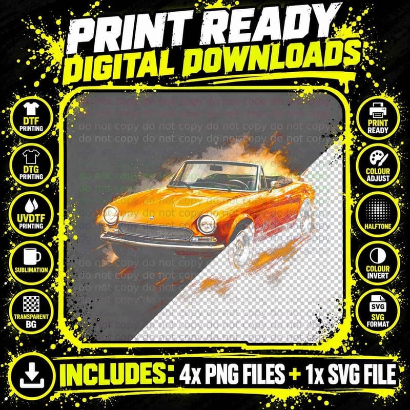 124 Spider T-Shirt, Halftone Sports Car Graphic Tee Png SVG Digital Bundle