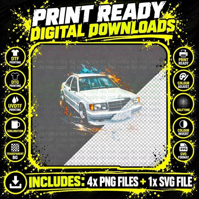 190E T-Shirt, Halftone Sports Car Graphic Tee Png SVG Digital Bundle