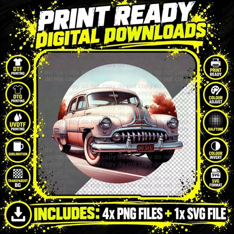 1950s Car Classic Style Red Pink Chrome Bumper Vintage Png SVG Digital Bundle