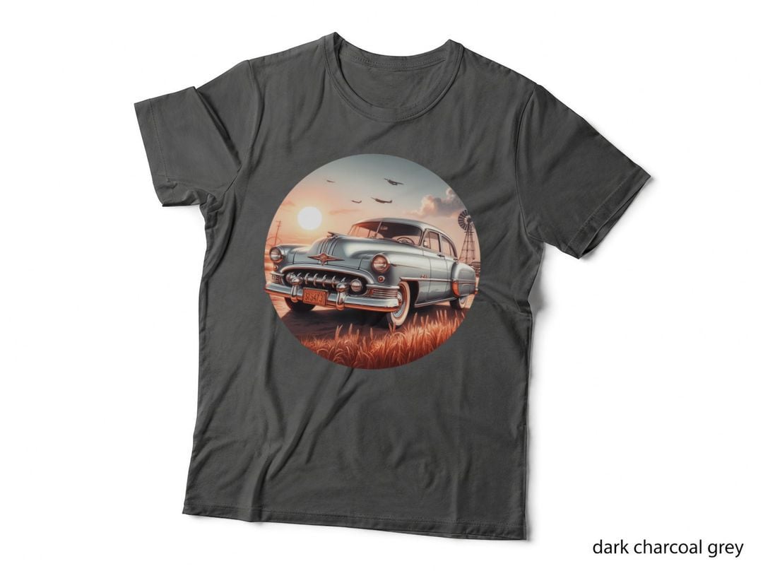 1950s Car Desert Sunset Silver Blue in Warm Golden Hour Vintage Style T-Shirt