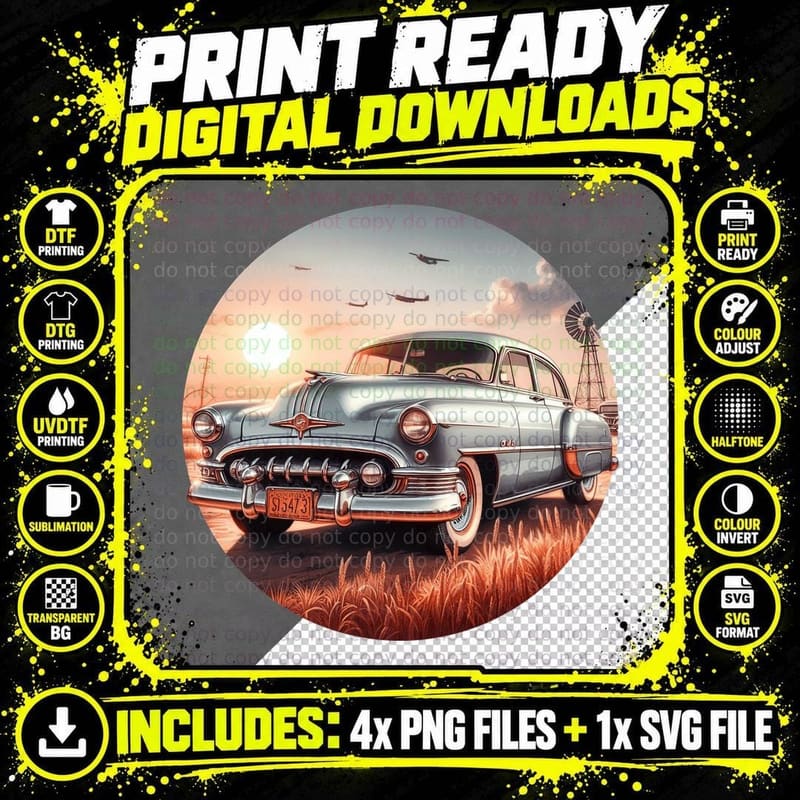 1950s Car Desert Sunset Silver Blue in Warm Golden Hour Png SVG Digital Bundle